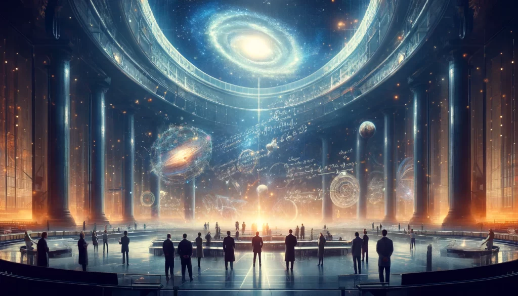 grand futuristic observatory filled with scientists and engineers standing in awe as they gaze at a vast cosmic display of stars, planets, and floating mathematical equations. The scene is illuminated by a soft, golden glow, symbolizing knowledge, discovery, and progress. The architecture is expansive and awe-inspiring, blending classical and futuristic elements, representing the pursuit of truth through science and engineering.