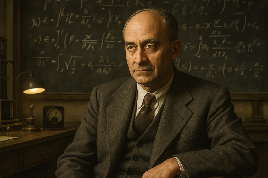 Image of Enrico Fermi in front of a chalkboard with formulas.